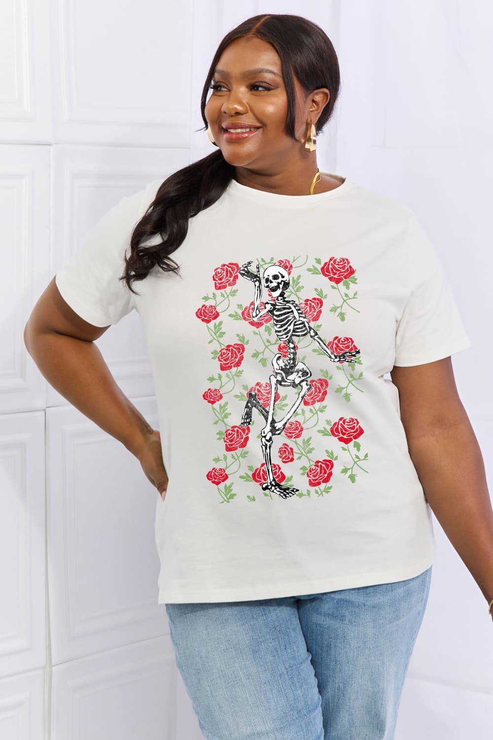 Simply Love Full Size Skeleton & Rose Graphic Cotton Tee-Teresa&#39;s Fashionista LLC