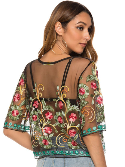 Embroidered Round Neck Sheer Blouse-Teresa&#39;s Fashionista LLC