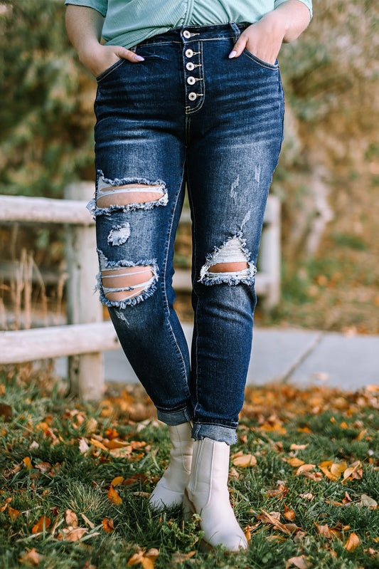 Plus Size Button Fly Distressed Jeans-Teresa&#39;s Fashionista LLC