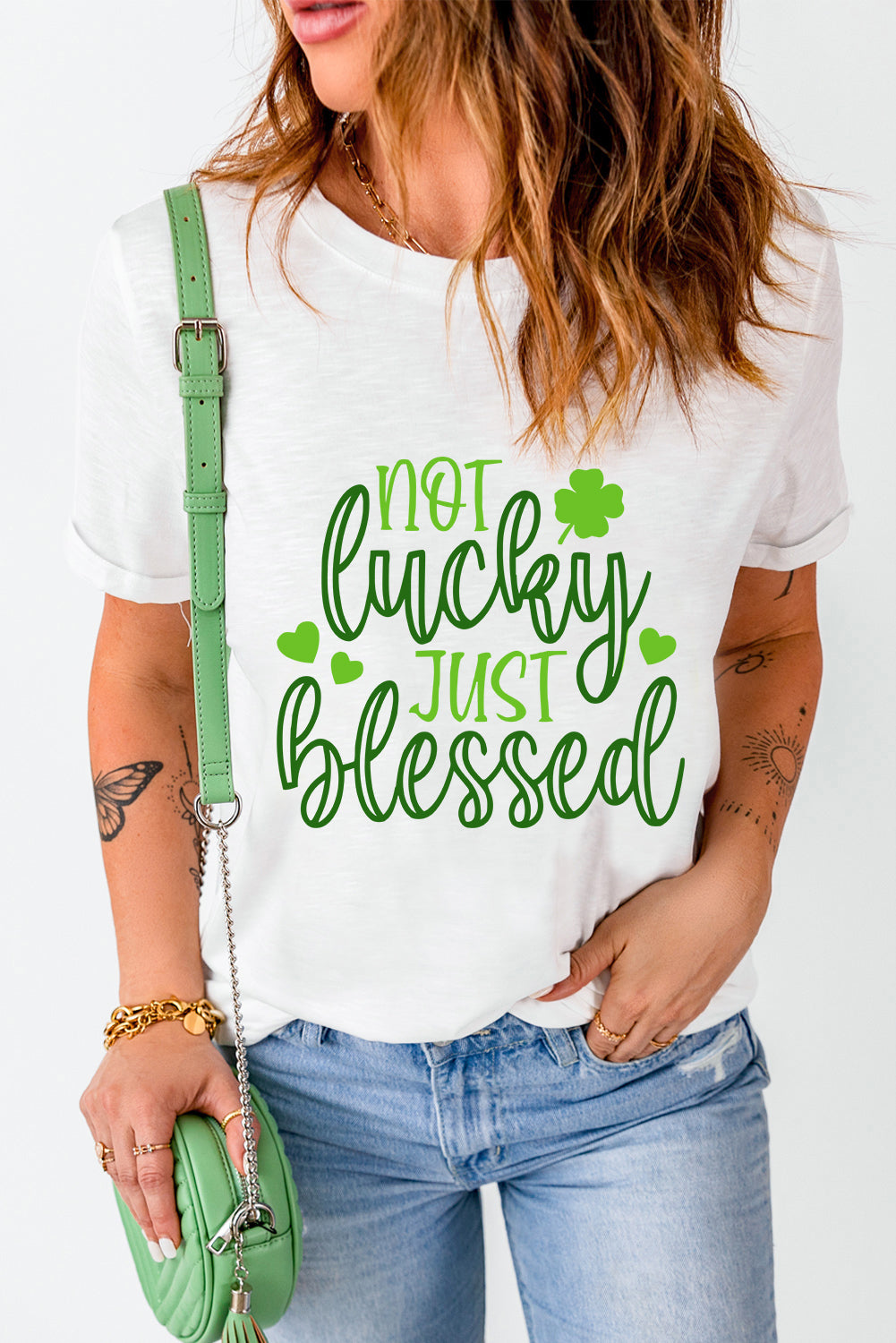 NOT LUCKY JUST BLESSED Round Neck T-Shirt-Teresa&#39;s Fashionista LLC