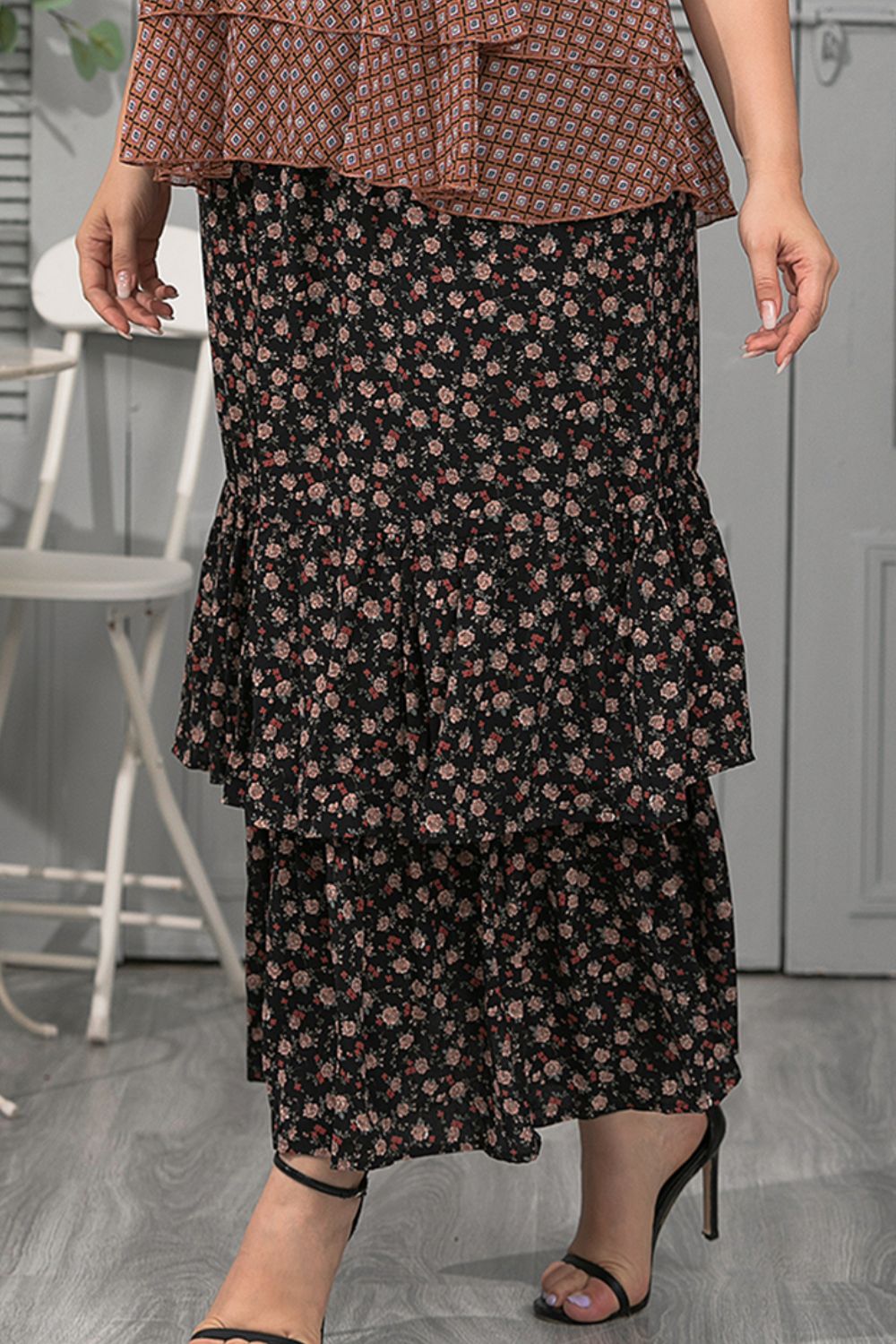 Plus Size Ditsy Floral Layered Maxi Skirt-Teresa&#39;s Fashionista LLC