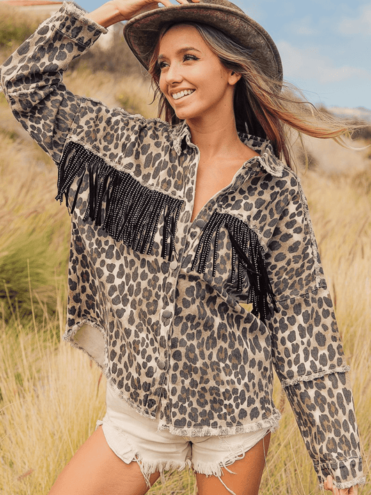 Leopard Fringe Detail Collared Neck Denim Jacket-Teresa&#39;s Fashionista LLC