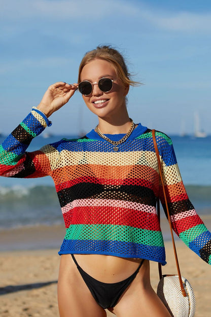 Rainbow Stripe Openwork Long Sleeve Cover-Up-Teresa&#39;s Fashionista LLC