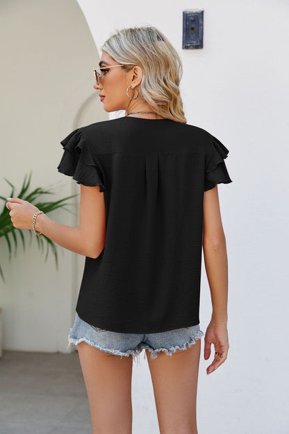 V-Neck Layered Flutter Sleeve Top-Teresa&#39;s Fashionista LLC