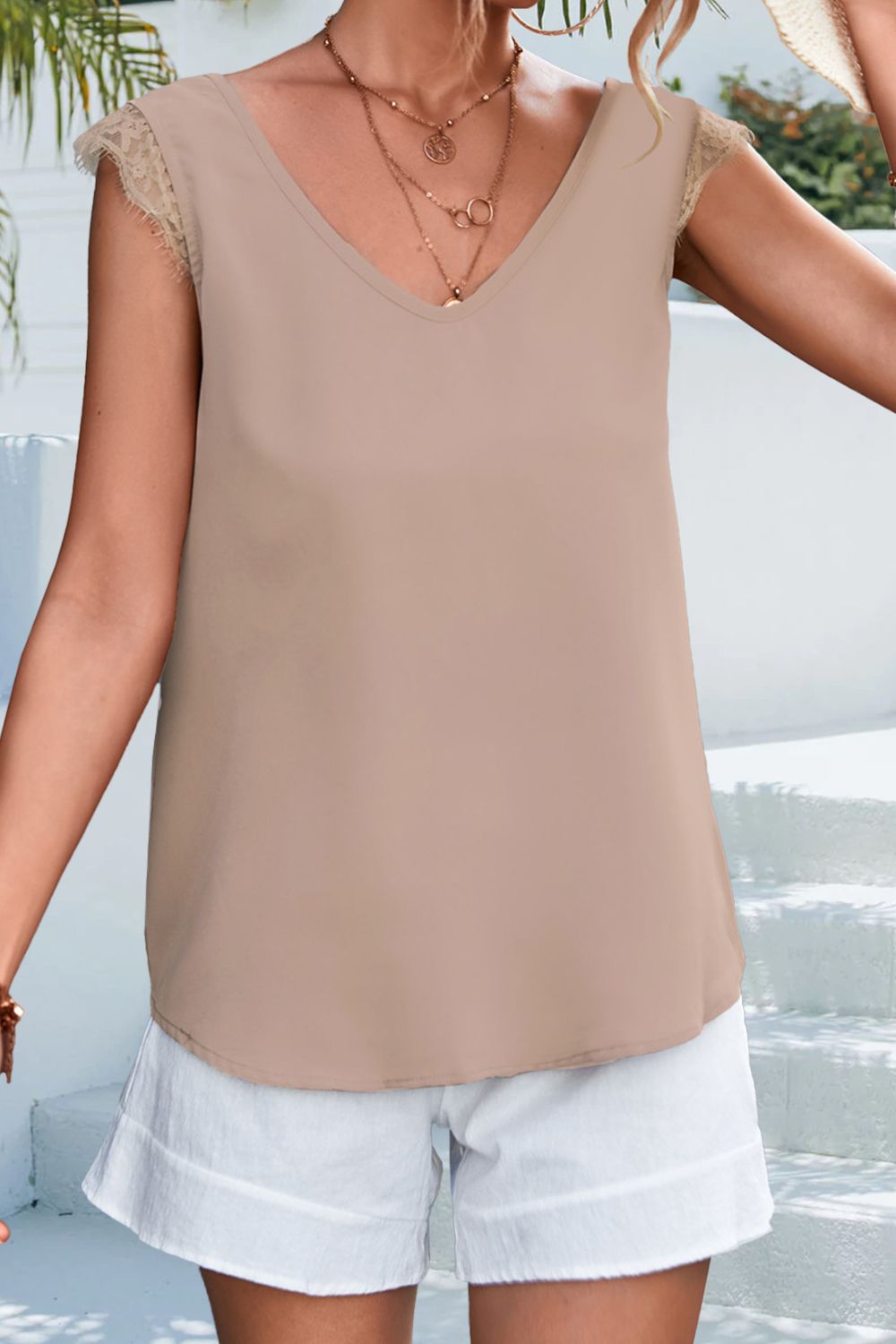 Lace Detail Eyelash Trim V-Neck Tank-Teresa&#39;s Fashionista LLC