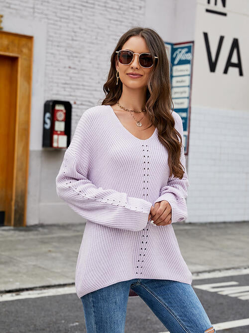 Openwork Dropped Shoulder Long Sleeve Sweater-Teresa&#39;s Fashionista LLC