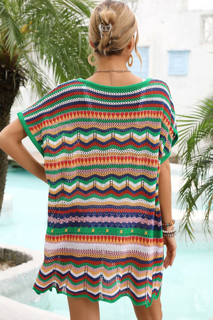 Rainbow Stripe Scalloped V-Neck Cover-Up Dress-Teresa&#39;s Fashionista LLC