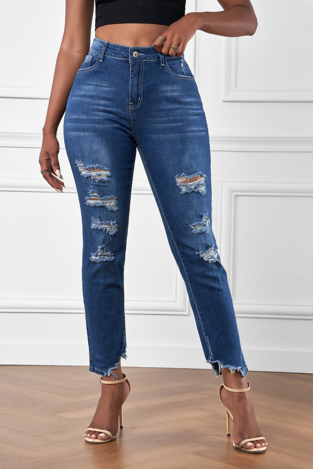 High-Rise Distressed Hem Detail Jeans-Teresa&#39;s Fashionista LLC