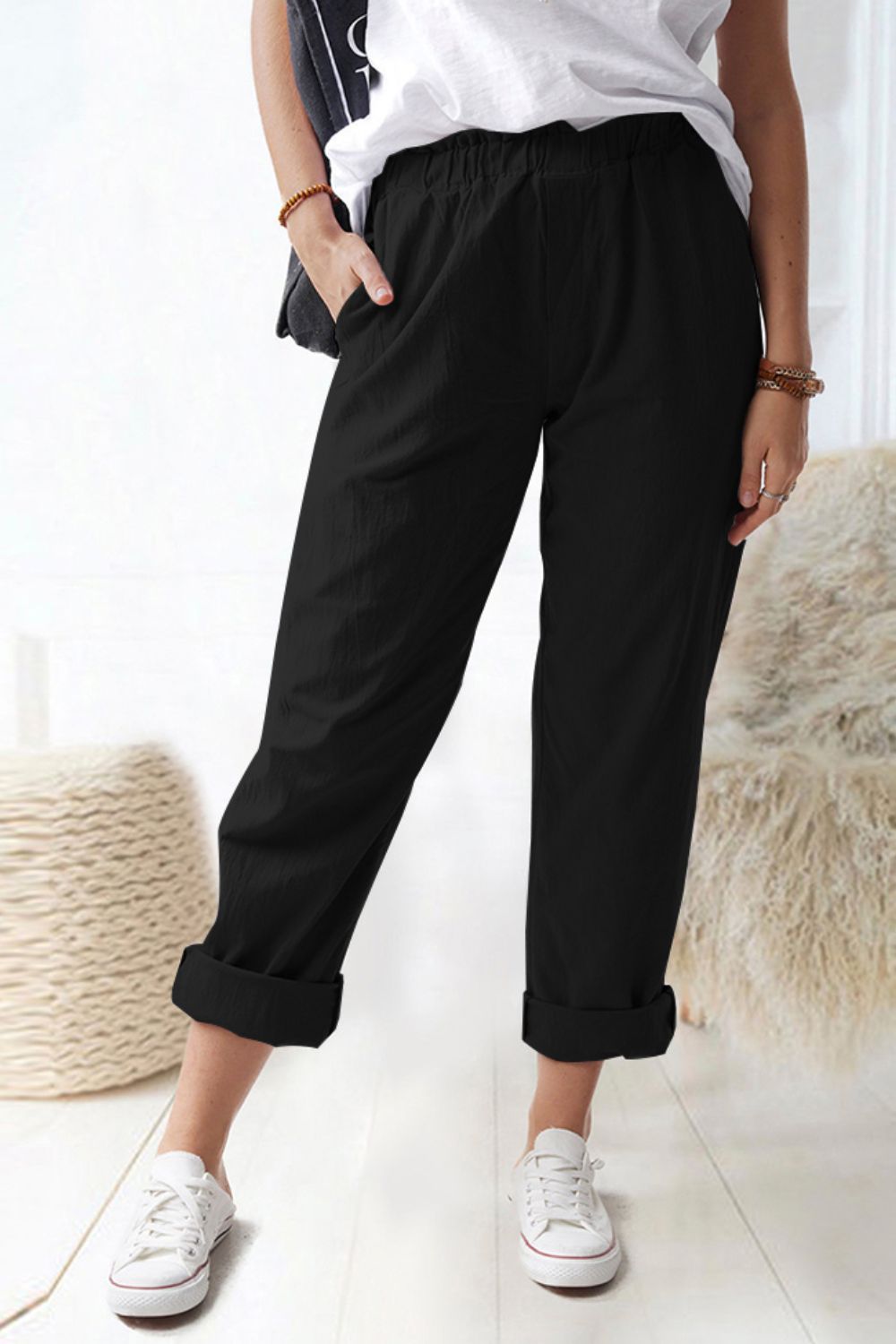 Paperbag Waist Pull-On Pants with Pockets-Teresa&#39;s Fashionista LLC