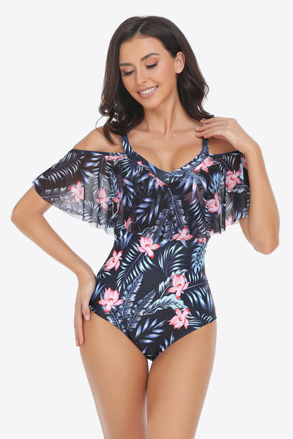 Botanical Print Cold-Shoulder Layered One-Piece Swimsuit-Teresa&#39;s Fashionista LLC