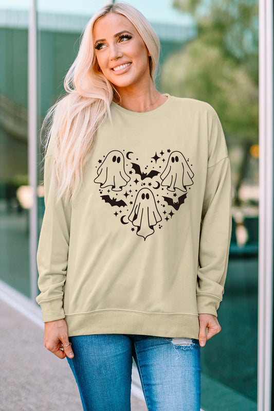 Round Neck Dropped Shoulder Ghost Graphic Sweatshirt-Teresa&#39;s Fashionista LLC