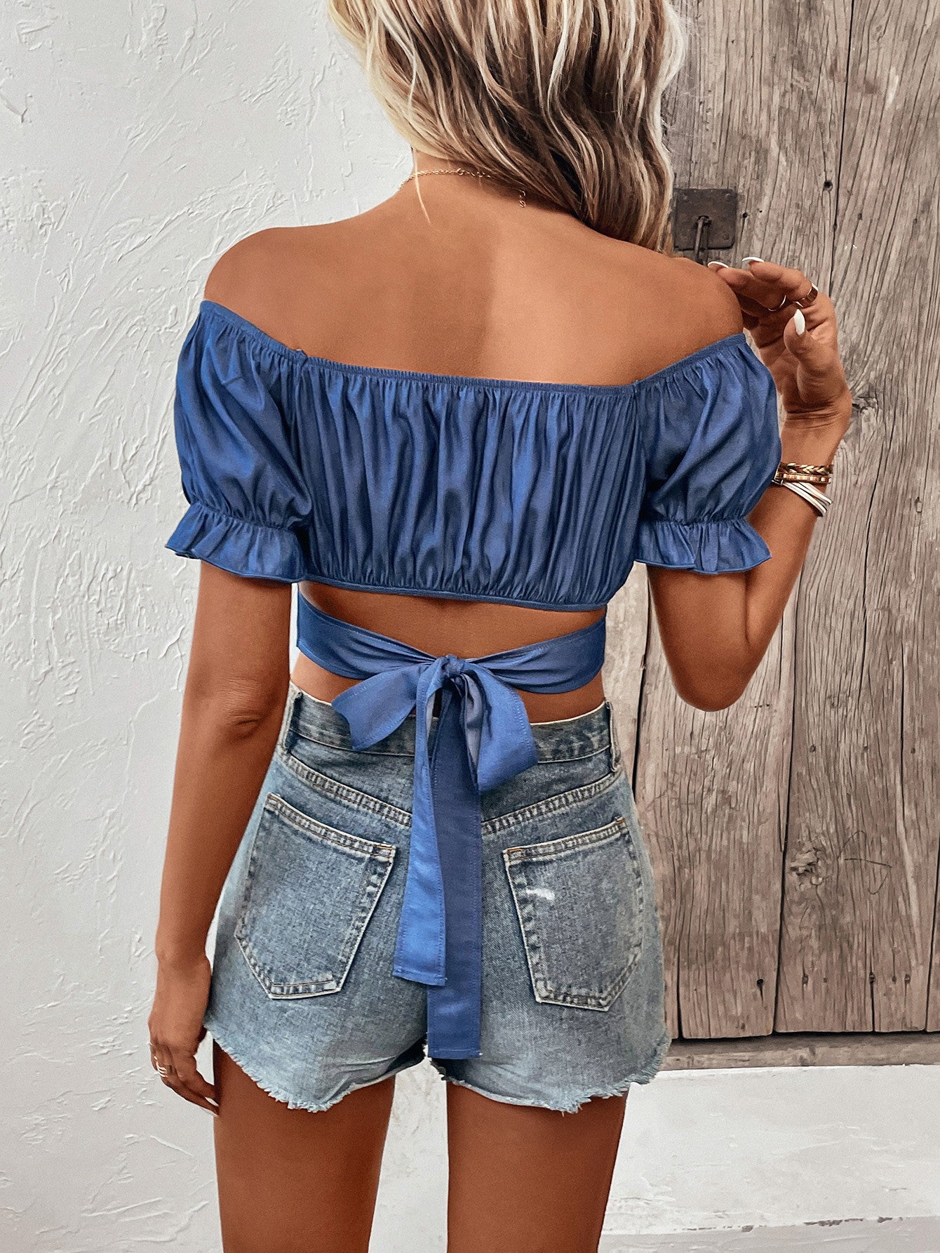 Ruched Off-Shoulder Cropped Blouse-Teresa&#39;s Fashionista LLC