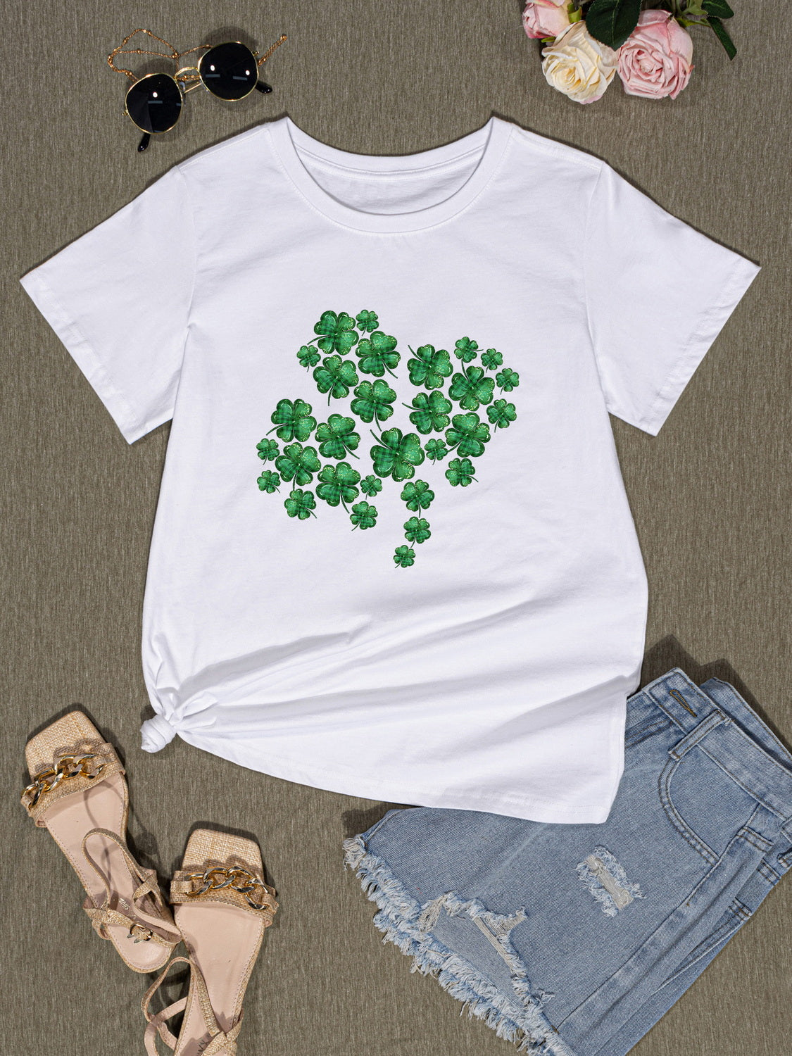 Lucky Clover Round Neck T-Shirt-Teresa&#39;s Fashionista LLC