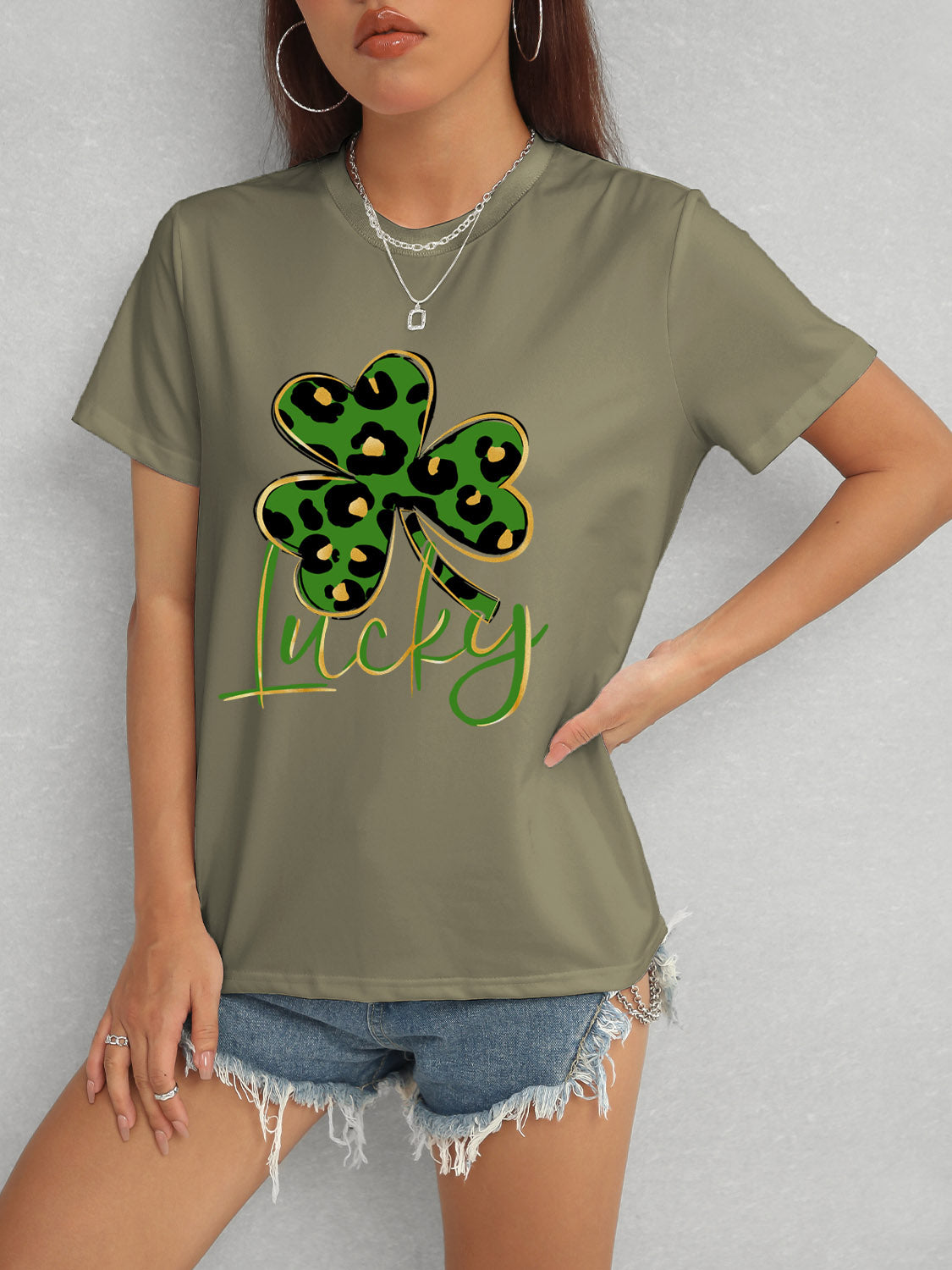 Lucky Clover Round Neck Short Sleeve T-Shirt-Teresa&#39;s Fashionista LLC