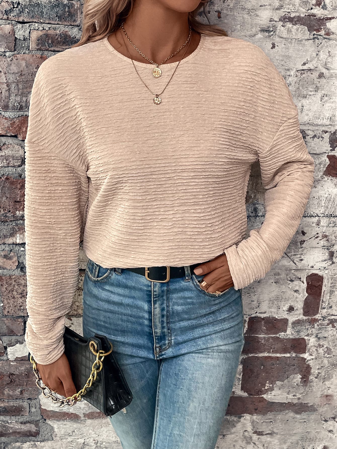 Textured Round Neck Dropped Shoulder Top-Teresa&#39;s Fashionista LLC