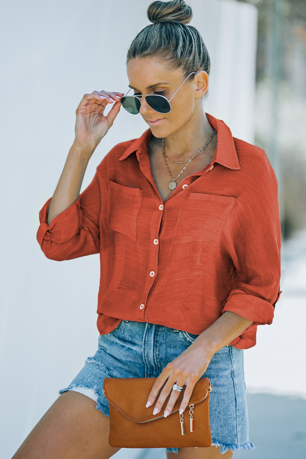 Button-Up Shirt with Breast Pockets-Teresa&#39;s Fashionista LLC