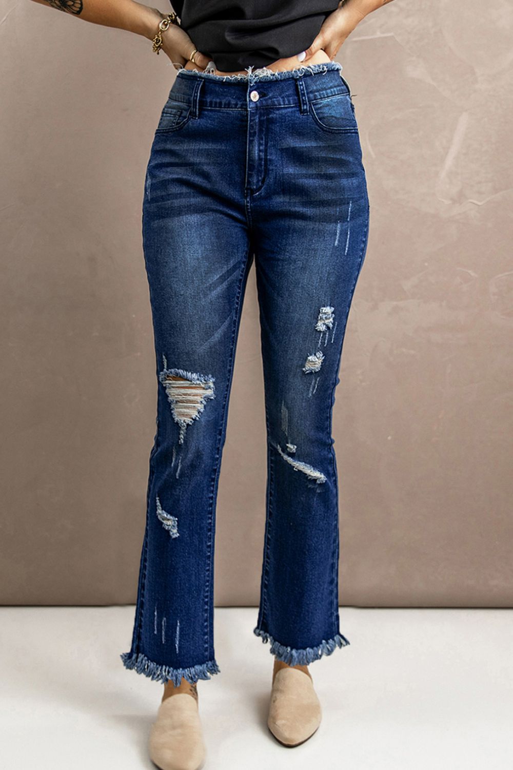 High Waist Distressed Raw Hem Jeans-Teresa&#39;s Fashionista LLC