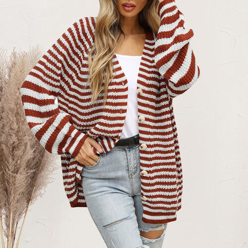 Striped Button Down Long Sleeve Cardigan-Teresa&#39;s Fashionista LLC