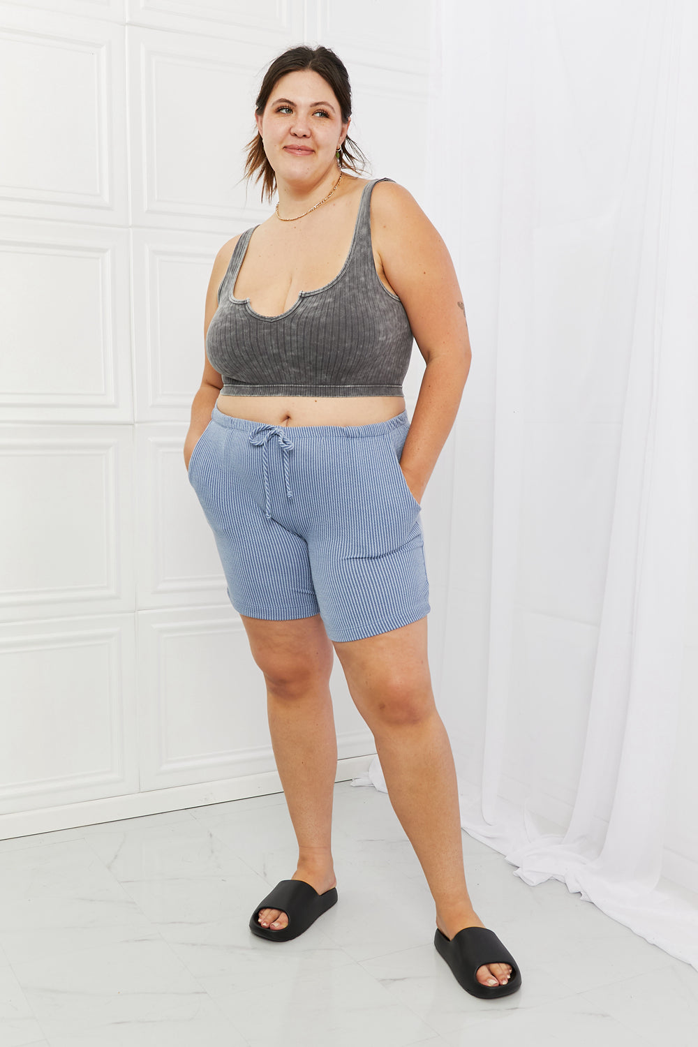 Blumin Apparel Too Good Full Size Ribbed Shorts in Misty Blue-Teresa&#39;s Fashionista LLC