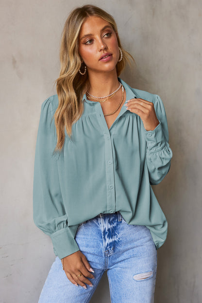 Gathered Detail Puff Sleeve Shirt-Teresa&#39;s Fashionista LLC