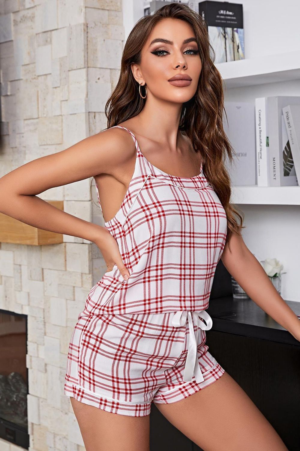 Plaid Cami and Tie-Front Shorts Pajama Set-Teresa&#39;s Fashionista LLC