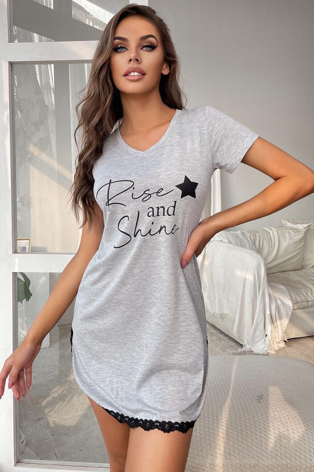 RISE AND SHINE Contrast Lace V-Neck T-Shirt Dress-Teresa&#39;s Fashionista LLC