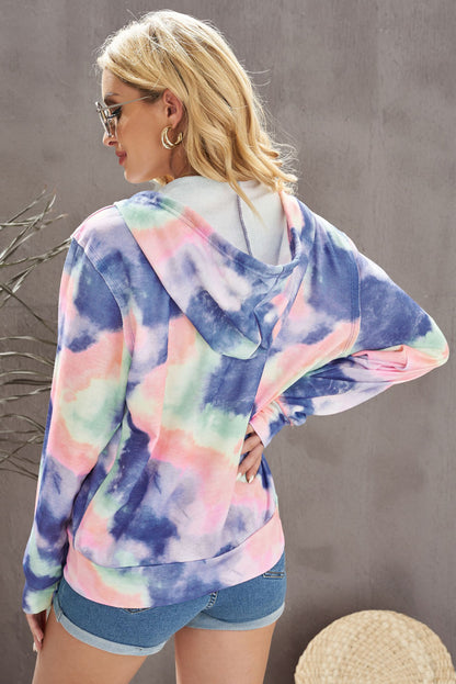 Tie-Dye Drawstring Detail Zip Up Hooded Jacket-Teresa&#39;s Fashionista LLC