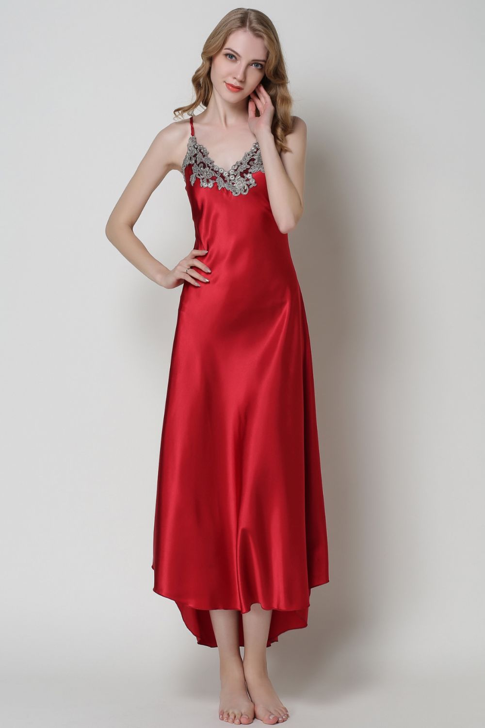 Full Size Lace Trim V-Neck Spaghetti Strap Satin Night Dress-Teresa&#39;s Fashionista LLC