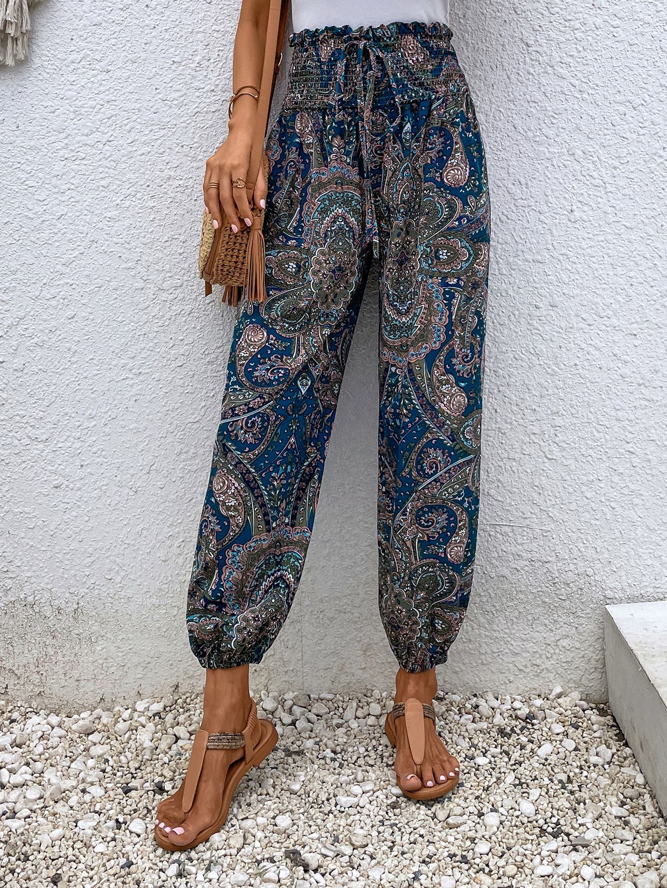 Paisley Print Smocked High-Waist Pants-Teresa&#39;s Fashionista LLC