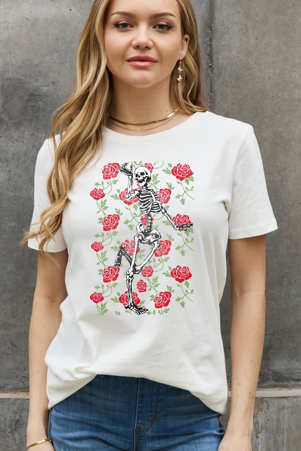 Simply Love Full Size Skeleton & Rose Graphic Cotton Tee-Teresa&#39;s Fashionista LLC