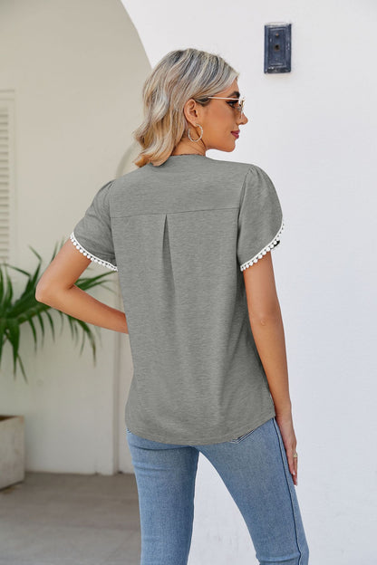 Pom-Pom Trim Petal Sleeve Notched Neck Top-Teresa&#39;s Fashionista LLC