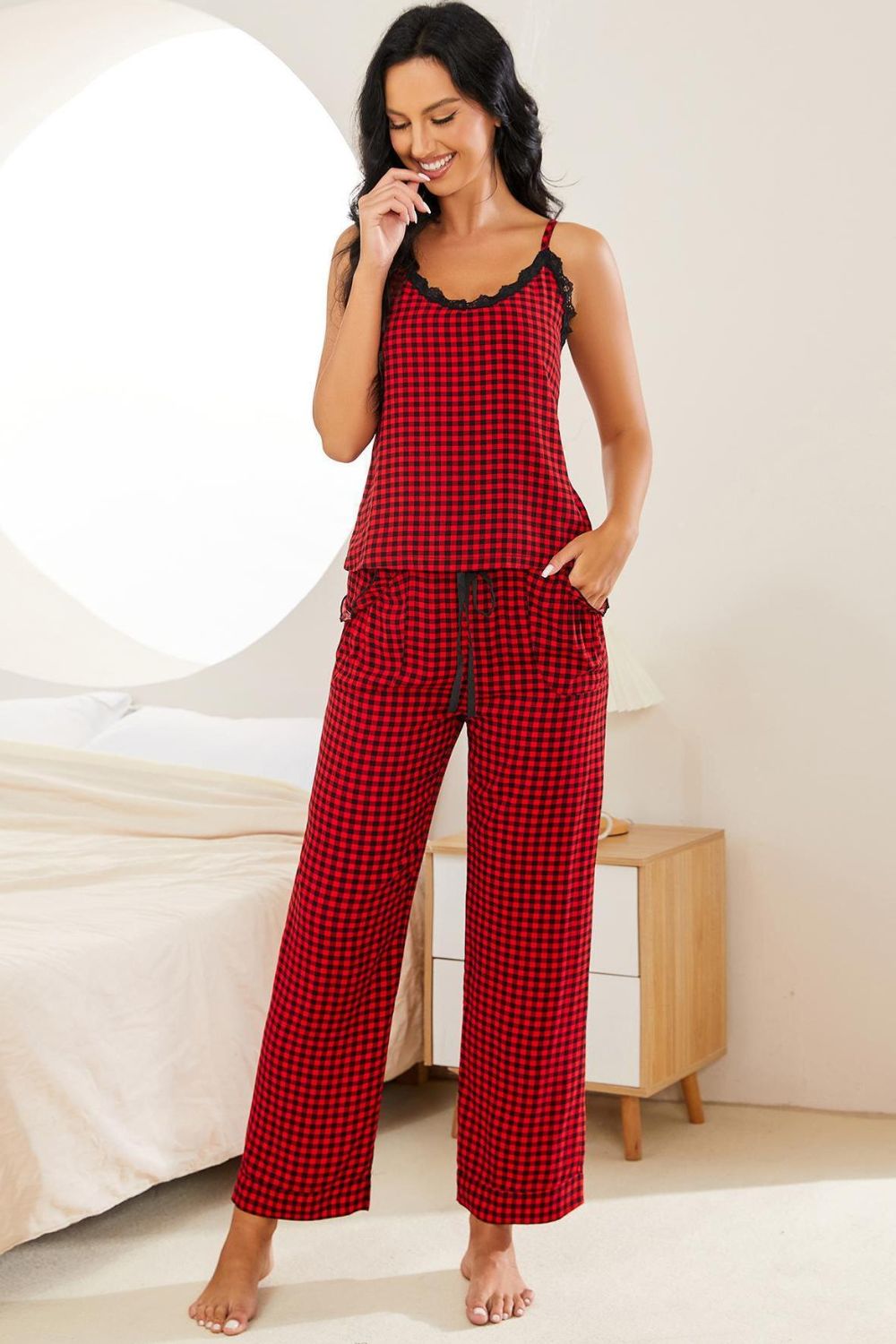 Plaid Lace Trim Cami and Drawstring Pants Pajama Set-Teresa&#39;s Fashionista LLC