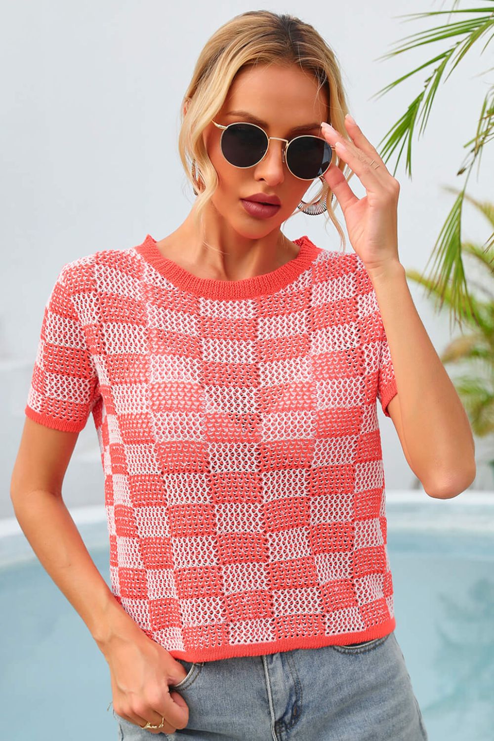 Checkered Short Sleeve Knit Top-Teresa&#39;s Fashionista LLC