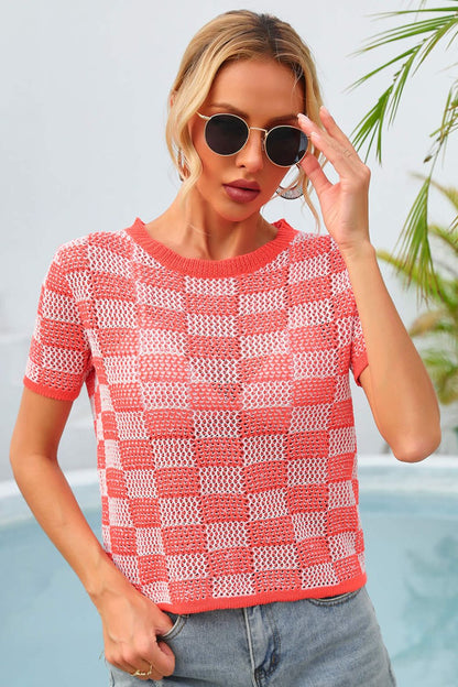 Checkered Short Sleeve Knit Top-Teresa&#39;s Fashionista LLC