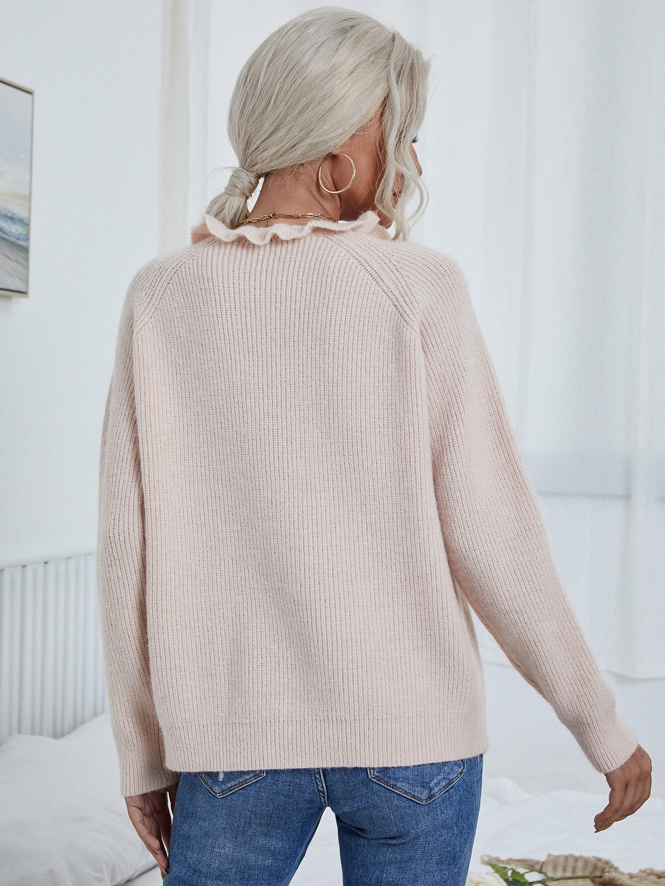 Button Detail Frill Neck Rib-Knit Sweater-Teresa&#39;s Fashionista LLC