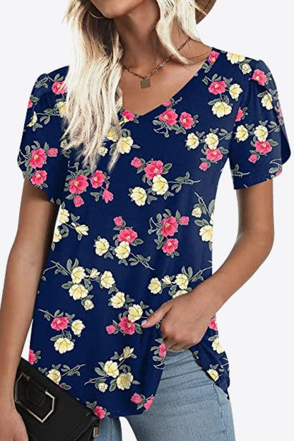 Printed Petal Sleeve V-Neck Blouse-Teresa&#39;s Fashionista LLC