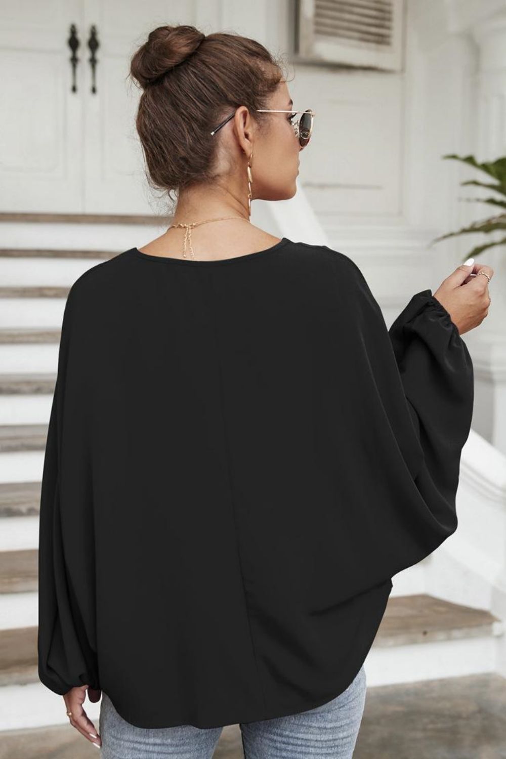 Tie Neck Balloon Sleeve Blouse-Teresa&#39;s Fashionista LLC