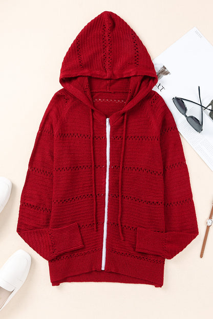 Zip-Up Raglan Sleeve Openwork Hooded Cardigan-Teresa&#39;s Fashionista LLC