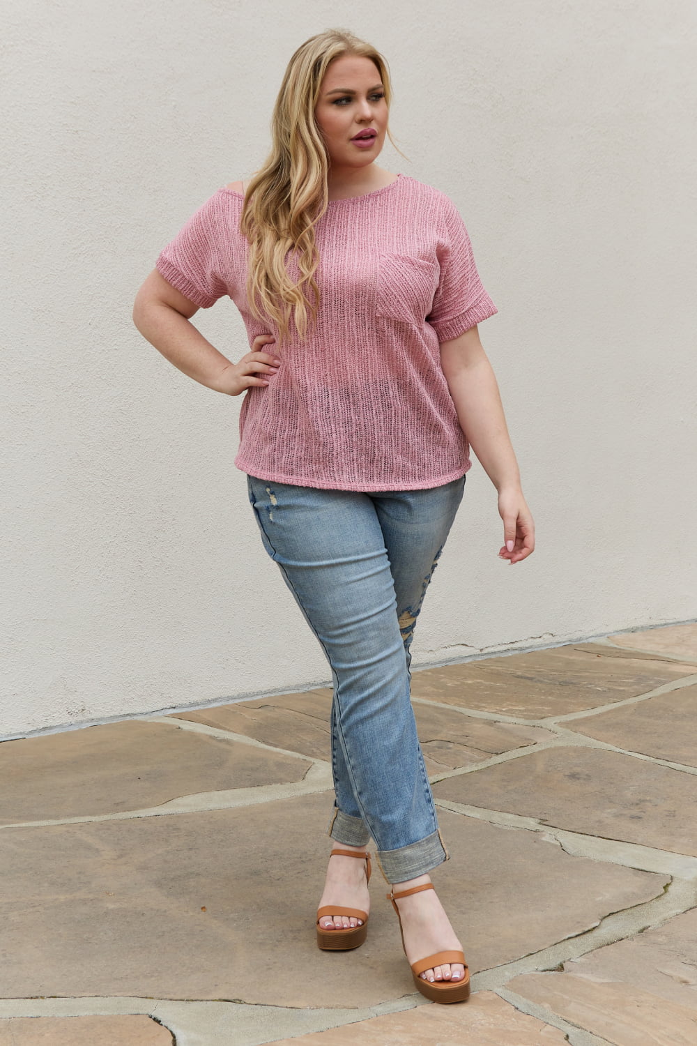 e.Luna Full Size Chunky Knit Short Sleeve Top in Mauve-Teresa&#39;s Fashionista LLC