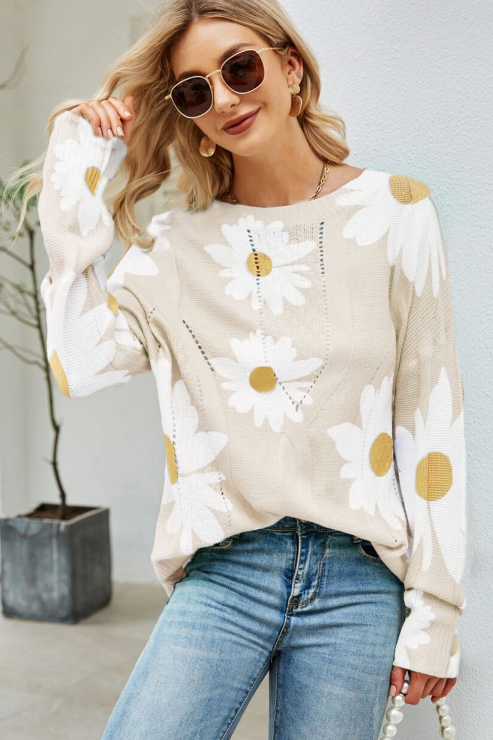 Daisy Print Openwork Round Neck Sweater-Teresa&#39;s Fashionista LLC