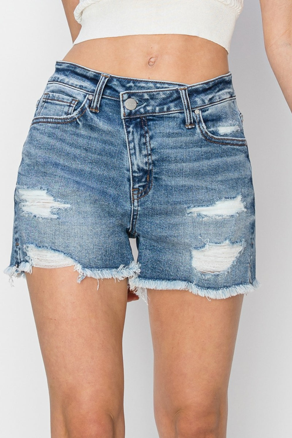 RISEN Stepped Waist Frayed Denim Shorts-Teresa&#39;s Fashionista LLC