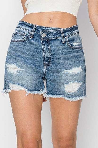 RISEN Stepped Waist Frayed Denim Shorts-Teresa&#39;s Fashionista LLC