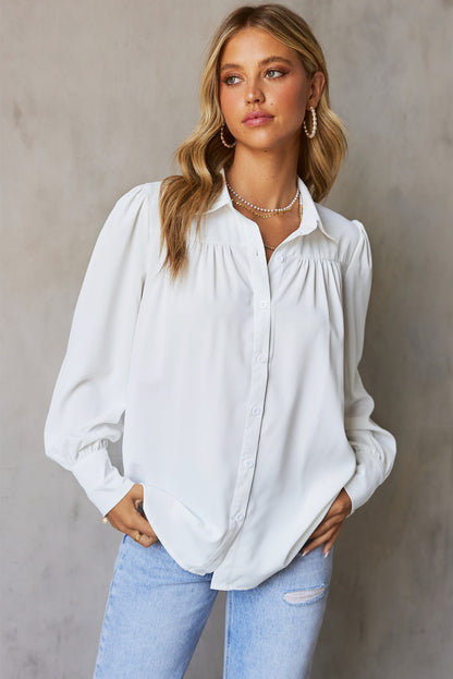 Gathered Detail Puff Sleeve Shirt-Teresa&#39;s Fashionista LLC