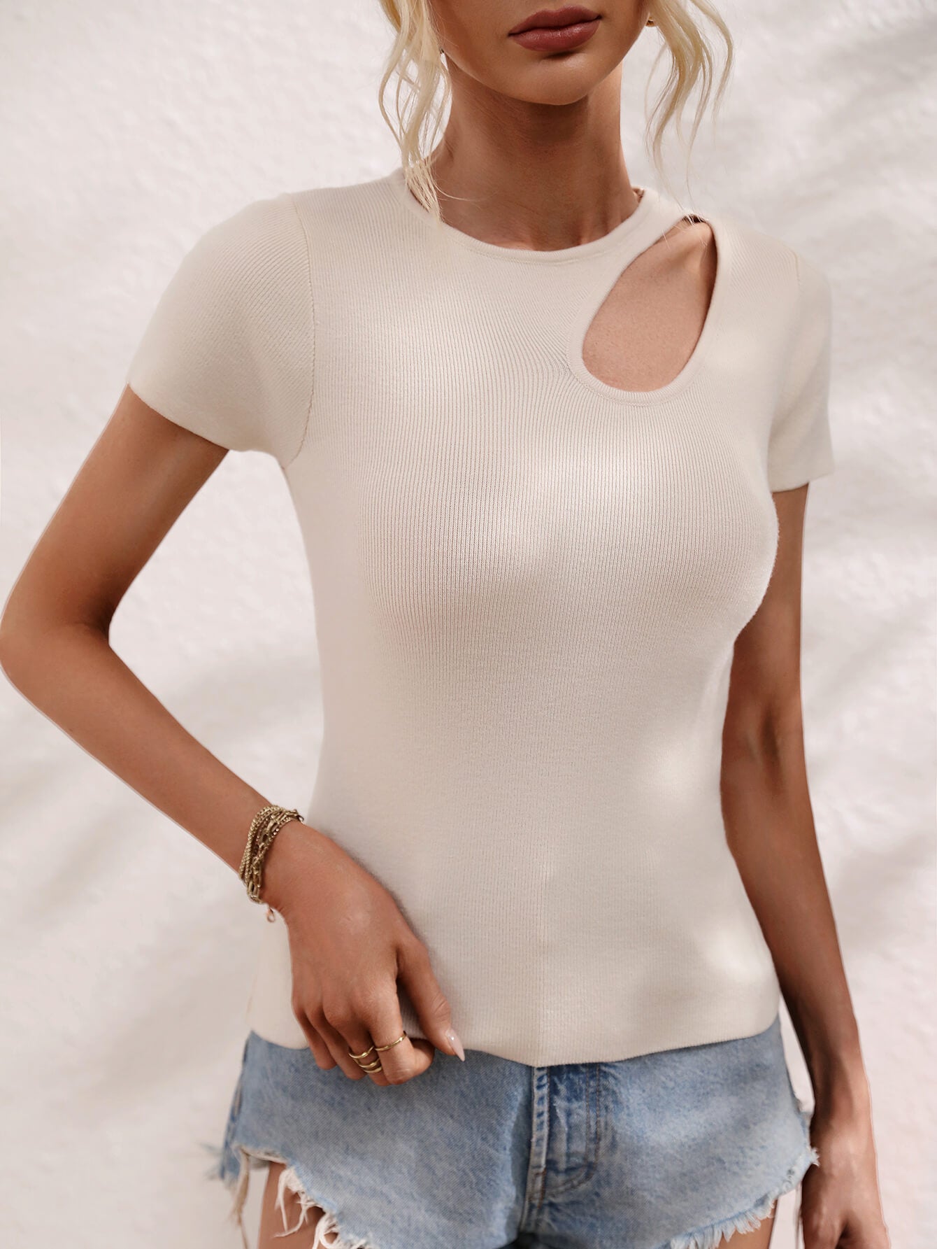 Cutout Round Neck Short Sleeve Knit Top-Teresa&#39;s Fashionista LLC