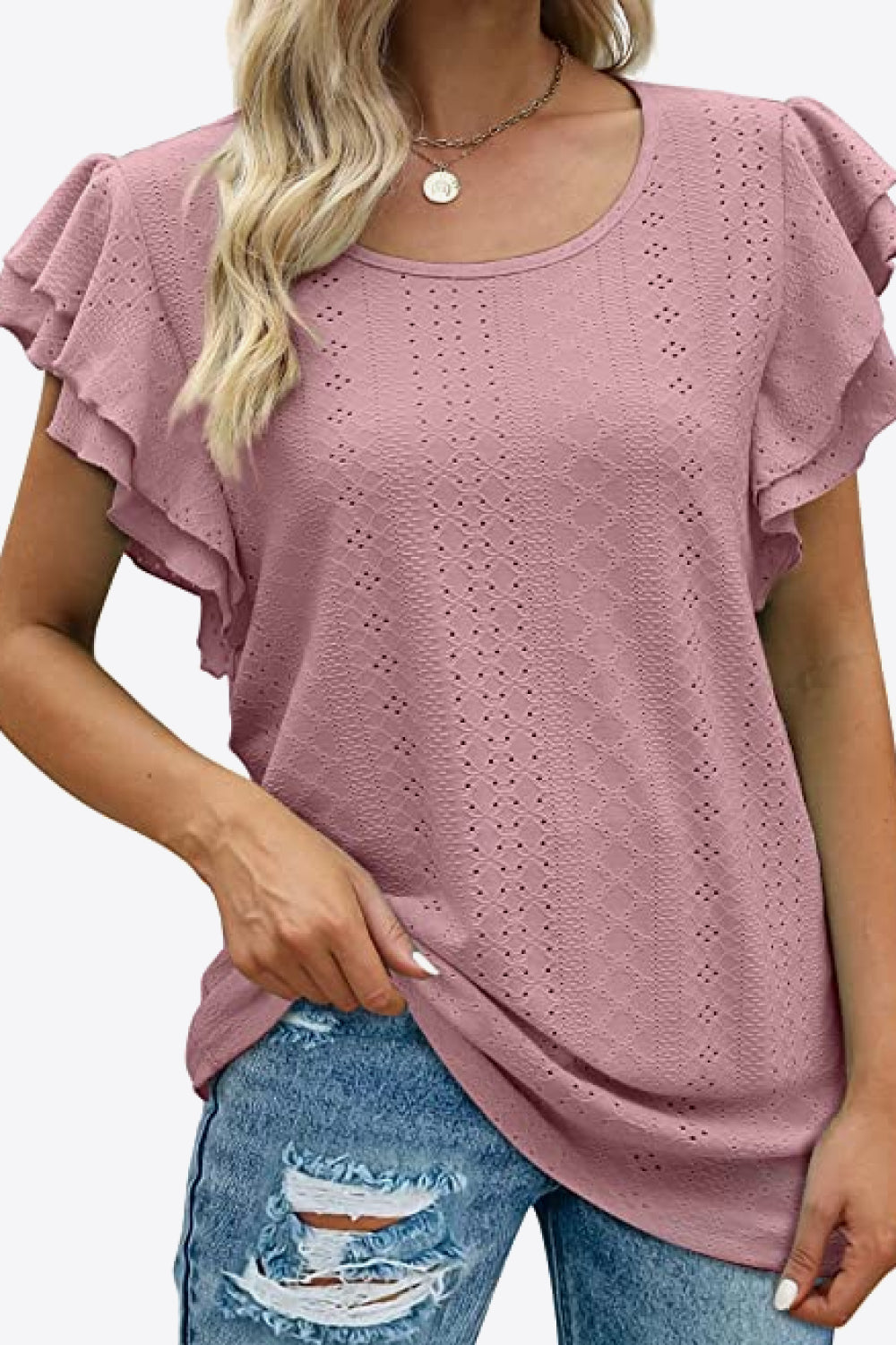 Round Neck Layered Flutter Sleeve Blouse-Teresa&#39;s Fashionista LLC