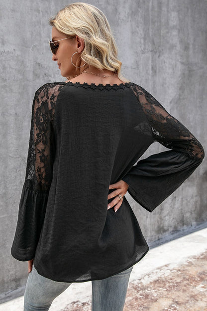 V-Neck Spliced Lace Flare Sleeve Top-Teresa&#39;s Fashionista LLC