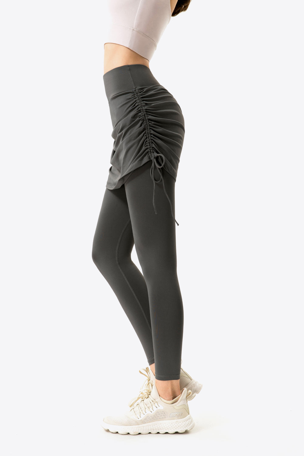 Drawstring Ruched Faux Layered Yoga Leggings-Teresa&#39;s Fashionista LLC