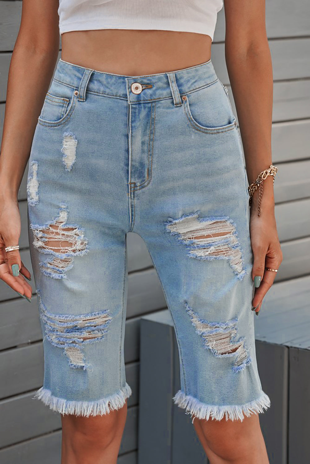 Distressed Raw Hem Denim Bermuda Shorts-Teresa&#39;s Fashionista LLC