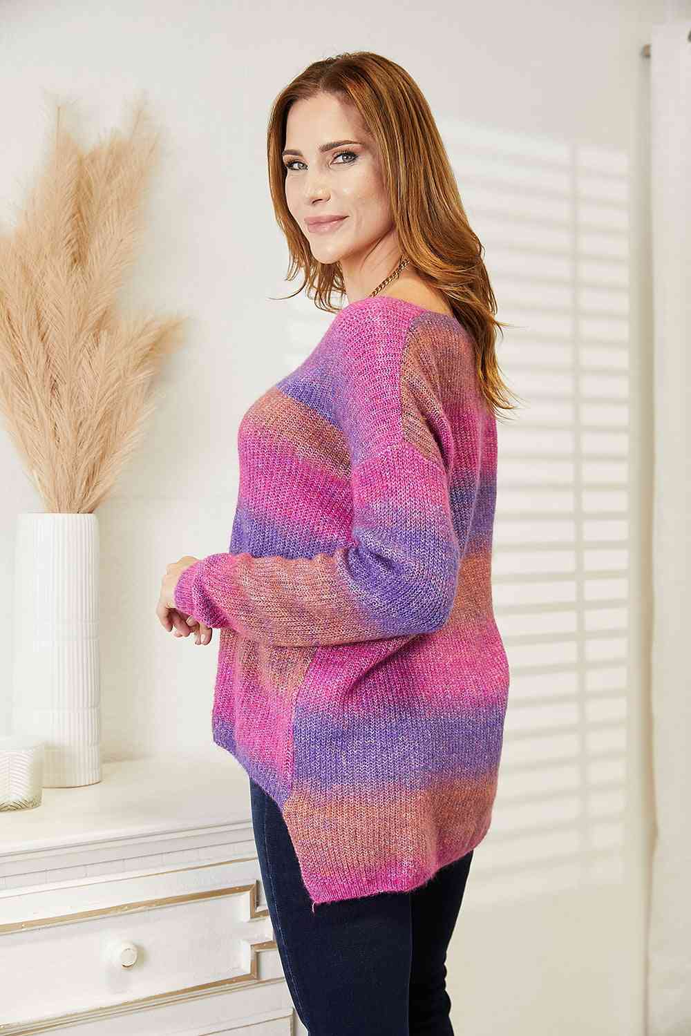 Double Take Multicolored Rib-Knit V-Neck Knit Pullover-Teresa&#39;s Fashionista LLC