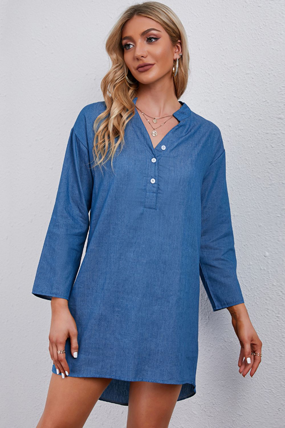 Half-Button Notched Neck High-Low Denim Dress-Teresa&#39;s Fashionista LLC